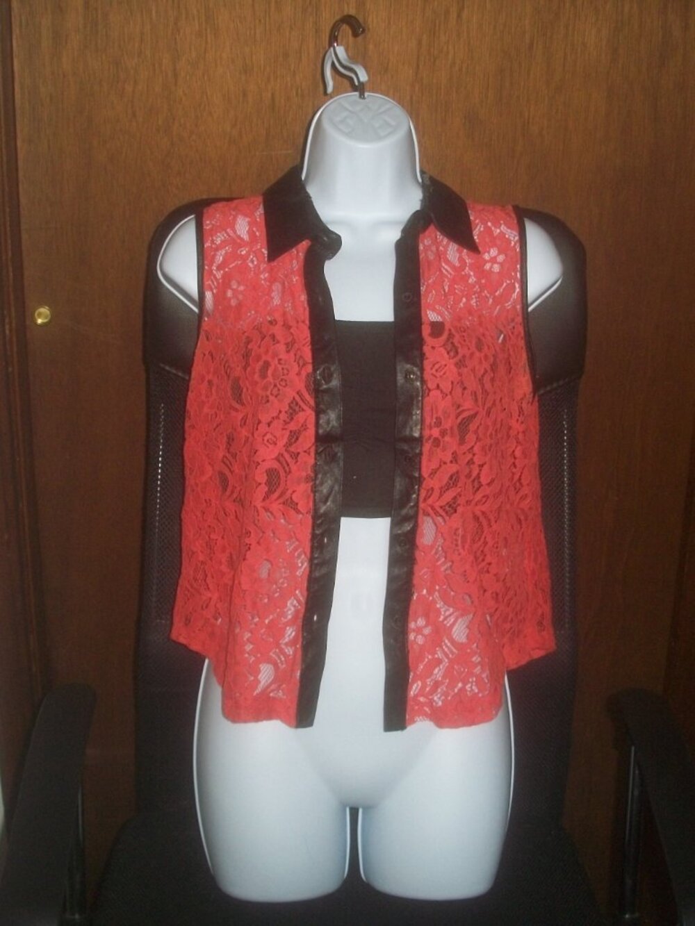 womens sheer lace blouse.button.faux leather trim.size small